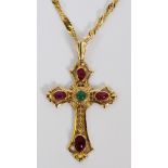 ITALIAN 14KT YELLOW GOLD NECKLACE WITH  CABOCHON-INSET CROSS, L 19": Stamped Italy.  With four