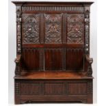 ANTIQUE ENGLISH JACOBEAN STYLE CARVED OAK HALL  BENCH, H 69", L 52", D 19": Paneled back with  oval