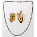 14KT WHITE GOLD BOX LINK NECKLACE & GOLD CAT  PENDANT [2], L 23": A 14kt white gold box link