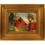 LOUIS BASSI SHAPLEIGH [AMERICAN 1899-1989], OIL  ON CANVAS, H 10", W 14", RED BARN: Signed lower