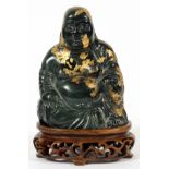 CHINESE SPINACH JADE SEATED BUDDHA, H 3 1/2" W 2  1/2": Decorated with gilt leaf designs.  Measures