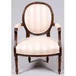 FRENCH STYLE CARVED MAHOGANY & UPHOLSTERED OPEN  ARMCHAIR: having an oval upholstered back rest