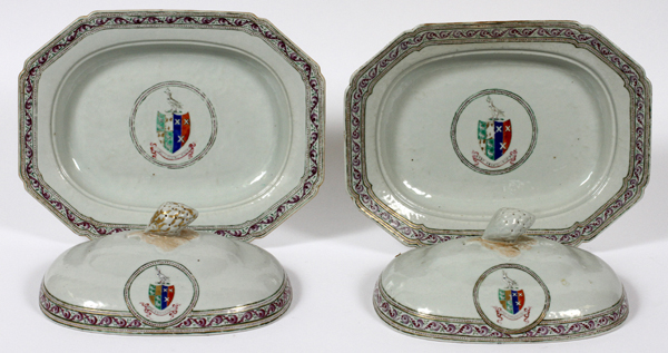 CHINESE EXPORT PORCELAIN ARMORIAL COVERED  PLATTERS, 18TH C., PAIR, L 12'': A pair of  canted - Image 3 of 3
