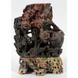 CHINESE CARVED HARD STONE VASE, H 9.5", L 7":  Carved hard stone vase featuring flowers and  birds