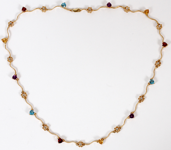 10KT YELLOW GOLD NECKLACE WITH AMETHYST, TOPAZ,  GARNETS AND CITRINES, L 18": having four heart