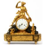 REGENCY GILT BRONZE MANTEL CLOCK, C. 1810, H  19", W 16", D 4 1/2", 'DIANA THE HUNTRESS':  Having