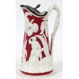 STAFFORDSHIRE RED & WHITE COVERED PITCHER, 19TH  C., H 10" W 6": Fitted with a hinged pewter  lid,