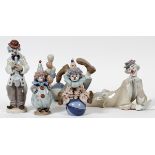 LLADRO PORCELAIN CLOWN FIGURES, FOUR, H 7"-9", L  15": Including "Having a Ball", #5813;  "Littlest