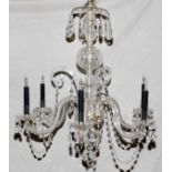 WATERFORD STYLE CRYSTAL SIX-LIGHT CHANDELIER, H  26'', DIA 26'': Having scrolling arms, beaded