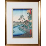 HIROSHIGE, COLOR PRINT, 21" X 16 1/2", PEOPLE  STANDING NEXT TO A STREAM: From "100 Famous  Views
