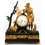 FRENCH EMPIRE PARCEL GILT BRONZE CLOCK, C. 1805,  H 22", 'ORPHEUS PLAYS TO THE ANIMALS': Raised  on
