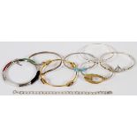 14KT GOLD AND STERLING SILVER BANGLE AND CHAIN  BRACELETS, 8 PCS.,: five bangle bracelets with  one