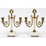FRENCH BRONZE & MARBLE TWO-LIGHT CANDELABRA,  PAIR, H 11'', W 9": A pair of bronze mounted  marble