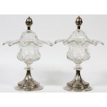 DUTCH SILVER & CRYSTAL COVERED COMPOTES, 1928,  PAIR, H 13", DIA 8", AMSTERDAM: A pair of  covered