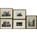 COLORED ETCHINGS, FIVE: Depicting castles,  castle ruins including, 'Tomb of Horath' and a  street