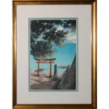 KAWASE HASUI WOODBLOCK PRINT, H 14", L 9",  "CHUZEMJI TEMPLE AT UTAGAHAMA BEACH": Kawase  Hasui [