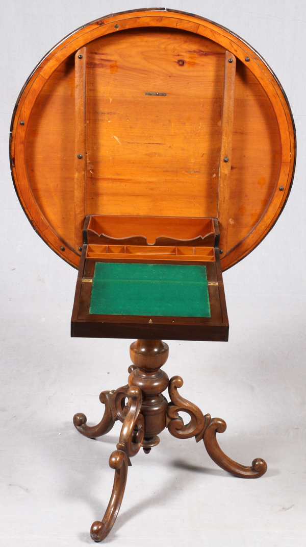 VICTORIAN MARQUETRY INLAID TILT-TOP TABLE/DESK,  C. 1850, H 27 1/2", W 29", MADEIRA: A round  tilt - Image 5 of 6