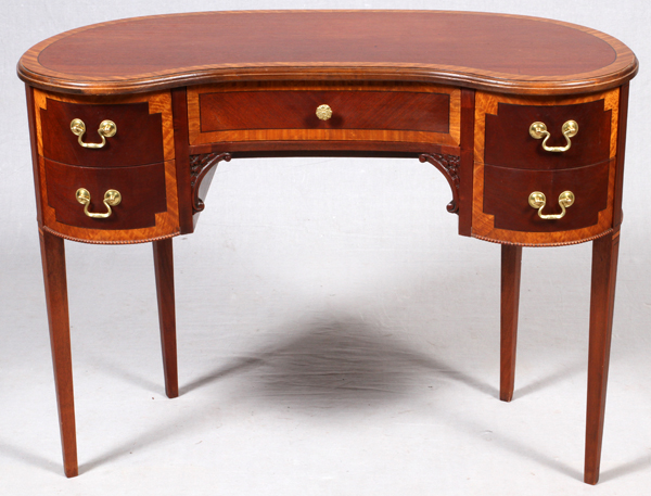 EDWARDIAN MAHOGANY & BURL WOOD INLAID WRITING  DESK, C. 1900, WITH CHAIR: Kidney shape with - Image 3 of 4