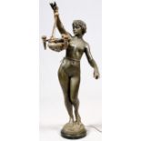 ART NOUVEAU BRONZE & SPELTER NEWEL POST LAMP, C.  1905, H 57", W 22": A nude female figure acts  as