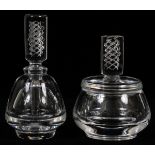 STEUBEN GLASS PERFUME BOTTLE & POWDER JAR, H 5"  & 6": Both signed Steuben. Air twist stoppers  on