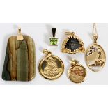 14KT YELLOW GOLD PENDANTS, CARVED STONE, "LIGHT  OF LIFE", ANGEL WITH LION, ETC. 6 PCS.:  includes