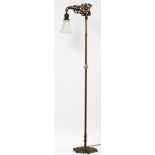 PATINATED METAL & OPALESCENT GLASS FLOOR LAMP,  C. 1915, H 64", W 12": A patinated metal floor