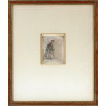 AFTER REMBRANDT ETCHING H 3 1/8" W 2 1/3":  Beggar woman leaning on a stick. Trimmed to edge  of