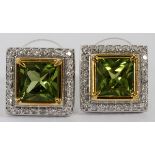 4.00CT NATURAL PERIDOT & DIAMOND EARRINGS, PAIR,  W 1/2": A pair of 14kt white gold lady's square