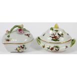 HEREND 'ROTHSCHILD BIRD' PORCELAIN COVERED  DISHES, TWO, L 5": Including 1 leaf-shape with  roses