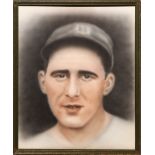 HANK GREENBURG PHOTOGRAPH WITH PASTEL, H 11", W  8": depicts a portrait of Hank Greenburg  wearing