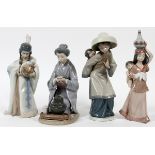 LLADRO PORCELAIN FIGURES OF WOMEN, FOUR, H  9"-11": Including "August Moon", #5122; "My  Precious