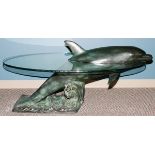 BRONZE DOLPHIN SCULPTURE OVAL COFFEE TABLE,  CONTEMPORARY, H 25", W 32" L 56": Plate glass  top;