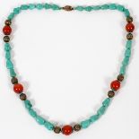 NAVAJO SILVER NECKLACE TURQUOISE & CARNELIAN 1 L  63MM: Knots Between each Green Turquoise Stone,