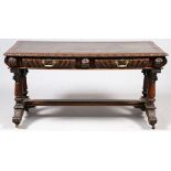 ENGLISH OAK LIBRARY TABLE, C. 1880, H 30" L 59"  D 31": Raised on a trestle style base, with