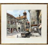 GUY PITTET WATERCOLOR, H 19", L 23.5" "DOWNTOWN  COPPETT": Guy Pittet [Switzerland, 20th C.].