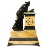 BRONZE & MARBLE FIGURAL MANTEL CLOCK, EARLY 20TH  C., H 27", W 20", D 8 1/2": A marble mantle