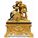 FRENCH 'NOBLE SAVAGE' DORE BRONZE MANTEL CLOCK,  C. 1820-25, H 20", W 16": A footed rectangular