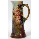 CERAMIC ART CO. HAND PAINTED PORCELAIN EWER, C.  1900, H 14 1/2": Decorated in hand painted  grape