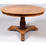 REGENCY ROSEWOOD CENTER TABLE, EARLY 19TH C., H  30", DIA 50": Raised on a carved claw footed