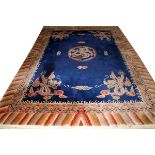 CHINESE SCULPTED WOOL CARPET, W 9', L 14':  Featuring a central dragon medallion in a deep  blue