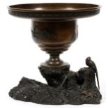 CHINESE BRONZE URN, SIGNED, H 8 5/8" DIA 9":  Raised on a natural form base with bird figures,