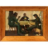 OIL ON CANVAS, H 18", W 27", CARD PLAYERS:  Black Americana painting depicting three men  playing