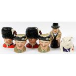 ROYAL DOULTON, PORCELAIN TOBY MUGS, 6 PCS., H 6"  - 9": six toby mugs including: two "Guardsman",