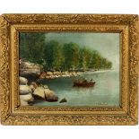 FRANK HENRY SHAPLEIGH, OIL ON PANEL, 1876, H 9",  W 12 1/2" LADIES BOATING ON NEW HAMPSHIRE LAKE: