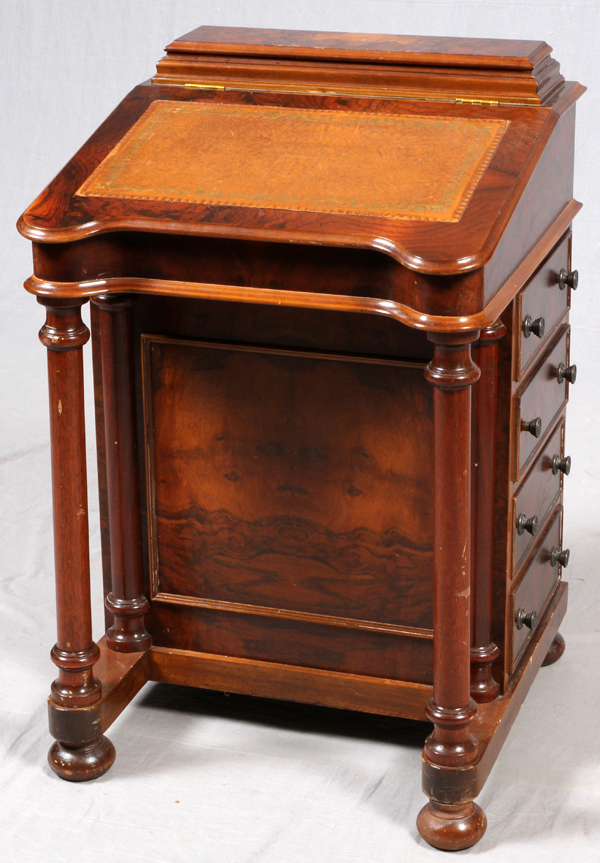 VICTORIAN STYLE BURL WOOD DAVENPORT DESK, H 33",  L 21", D 21": Having a hinged tooled leather