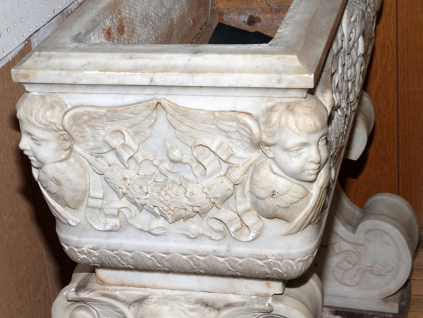 ITALIAN CARVED WHITE CARRERA MARBLE PLANTER, C.  1930, H 31", W 32", D 20": Adorned with carved - Image 3 of 7