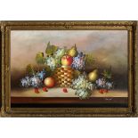 20TH C. OIL ON CANVAS, SIGNED, H 24" W 36 1/2",  FRUIT STILL LIFE: Slightly illegibly signed at  the