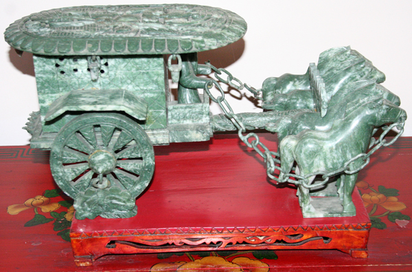 CHINESE JADE HORSE DRAWN CART, EARLY 20TH C, H  9" H., W 10", L 18": Jade horse drawn cart,