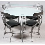 CONTEMPORARY GLASS & SILVERED METAL DINING SET,  6 PCS,: Including one round glass top dining