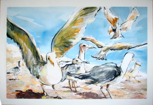 BOB ROADSTRUM OIL ON CANVAS, TWO H 13", W 21"  NAUTICAL STILL LIFE & SEAGULLS: Two Bob  Roadstrum [